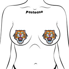Load image into Gallery viewer, Tiger: Ferocious Tattoo Jungle Cat Diamond Thom by PasteaseĀ® o/s. Two traditional tattoo style orange roaring tiger shaped nipple covers shown on a femme body outline for size reference on a white background.