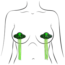 Load image into Gallery viewer, Tassel UFO Alien Glow-in-the-dark neon green on black Nipple Pasties by Pastease. Two UFO shaped nipple covers with neon green tassles shown on a femme body outline for size reference on a white background.