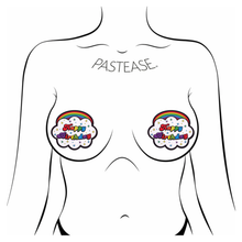 Load image into Gallery viewer, The Cloud: Rainbow 'Happy Birthday' Cloud Nipple Pasties by Pastease shown on a femme body outline for size reference on a white background.