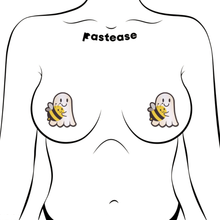 Load image into Gallery viewer, Boo-Bee: Kawaii Ghost with Bee Friend Pasties by PasteaseĀ® o/s. Two smiley ghosts holding smiling bees nipple covers shown on a femme body outline for size reference on a white background.
