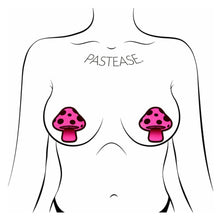 Load image into Gallery viewer, The Mushroom: Neon Pink Shroom Nipple Pasties by Pastease. Two pink and black glittery mushroom nipple covers shown on a femme body outline for size reference on a white background.