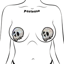 Load image into Gallery viewer, Skull Melt Pasties: Shattered Glass Drip Nipple Pasties by Pastease shown on a femme body outline for size reference on a white background.
