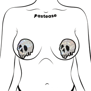 Skull Melt Pasties: Shattered Glass Drip Nipple Pasties by Pastease shown on a femme body outline for size reference on a white background.