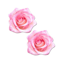 Load image into Gallery viewer, Rose: Pink Glitter Velvet Blooming Rose Nipple Pasties by Pastease o/s. Two pink glittery sparkling rose nipple covers on a white background. Perfect for a festival, pride, burlesque performance, only fans content or a party.
