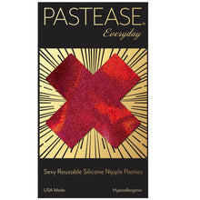 Load image into Gallery viewer, Everyday reusable liquid Red Cross with mini hearts reusable nipple pasties by pastease everyday o/s shown on the pastease everyday gold and black packaging backing card. Perfect for a festival, pride, burlesque performance, only fans content or a party.