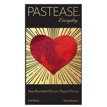 Load image into Gallery viewer, Everyday reusable liquid red heart with mini hearts reusable nipple pasties by pastease everyday o/s on a pastease everyday black and gold packaging backing card. Perfect for a festival, pride, burlesque performance, only fans content or a party.