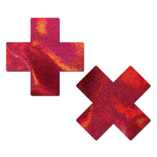 Load image into Gallery viewer, Everyday reusable liquid Red Cross with mini hearts reusable nipple pasties by pastease everyday o/s. Two shimmery Red Cross plus sign nipple pasties on a white background. Perfect for a festival, pride, burlesque performance, only fans content or a party.