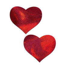 Load image into Gallery viewer, Everyday reusable liquid red heart with mini hearts reusable nipple pasties by pastease everyday o/s. Two red shimmer heart nipple pasties on a white background. Perfect for a festival, pride, burlesque performance, only fans content or a party.