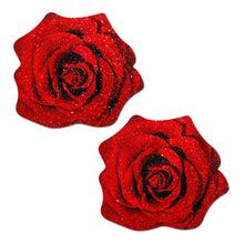 Load image into Gallery viewer, Rose: Red Glitter Velvet Blooming Rose Nipple Pasties by PasteaseĀ® o/s. Two red glittery sparkling rose nipple covers on a white background. Perfect for a festival, pride, burlesque performance, only fans content or a party.