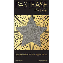 Load image into Gallery viewer, Everyday Reusable: Foggy Grey Vegan Luxury Suede Star with Mini Hearts Reusable Nipple Covers by Pastease® Everyday o/s shown on the Pastease everyday gold and black packaging backing card. Perfect for a festival, pride, burlesque performance, only fans content or a party.