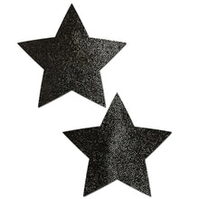 Load image into Gallery viewer, Everyday reusable liquid black star with mini hearts reusable nipple pasties by pastease everyday o/s. Two black shimmer star nipple pasties on a white background. Perfect for a festival, pride, burlesque performance, only fans content or a party.