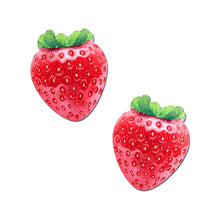 Load image into Gallery viewer, The Strawberry: Sparkly Red & Juicy Berry Nipple Pasties by Pastease. Two glitter red strawberry nipple covers on a white background. Perfect for a festival, pride, burlesque performance, only fans content or a party.