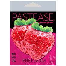Load image into Gallery viewer, The Strawberry: Sparkly Red & Juicy Berry Nipple Pasties by Pastease in pink and black pastease packaging on a white background.
