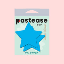 Load image into Gallery viewer, Packaging of Pastease® Star Neon Turquoise Glow in the Dark Nipple Covers. Fun and flirty, these star-shaped nipple pasties glow vibrantly in the dark, designed for all breast shapes and sizes. Made in the USA by a small family business, perfect for parties and festivals.
