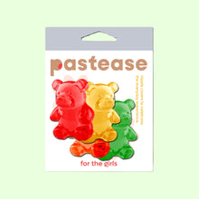 Load image into Gallery viewer, Packaging of Pastease® Gummy Bear Breast Pasties in Red, Yellow, Orange, and Green. These playful and flirty nipple covers are designed for all breast shapes and sizes, made in the USA by a small family-run business. Perfect for parties, festivals, and self-expression.
