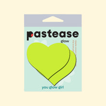 Load image into Gallery viewer, Pastease Love Glow in the Dark Neon Yellow Heart Pasties Nipple Covers in their packaging. Featuring vibrant neon yellow hearts, these nipple covers are perfect for all breast shapes and sizes. Handmade by Pastease®, a USA family-run brand, these are fun and flirty essentials.

