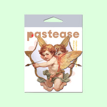 Load image into Gallery viewer, A pastel green background featuring the Pastease Cupid Cherub Vintage Breast Pasties packaging. The packaging shows two cherubic cupids with bows and arrows, designed in a romantic vintage style. Pastease is a small family-operated brand creating fun, flirty nipple covers for all breast shapes and sizes, perfect for Valentine&#39;s Day or playful occasions. Made in the USA, these pasties are an adorable and unique accessory.
