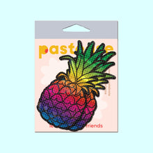 Load image into Gallery viewer, Rainbow Pineapple Sparkling Breast Pasties by Pastease® in vibrant rainbow tones on a pineapple design, displayed in branded packaging with a pastel background. Fun and flirty nipple covers made in the USA for all breast shapes and sizes, perfect for parties and festivals.
