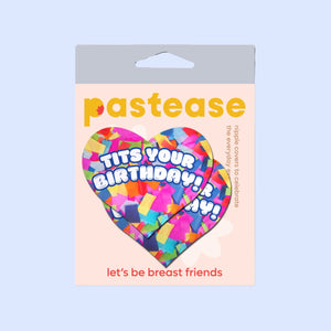 Pastease packaging featuring "Tits Your Birthday!" heart-shaped breast pasties with vibrant confetti print. Fun and flirty nipple covers designed for all breast shapes and sizes, made in the USA by a small family-operated business. Perfect for birthdays and celebrations.