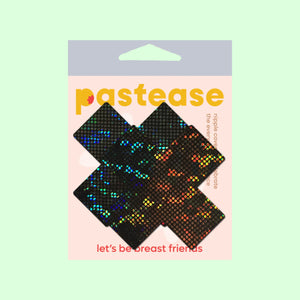 Packaging of Pastease Plus X: Shattered Glass Disco Ball Glitter Black Cross Nipple Pasties, featuring holographic black glitter on an X-shaped design. Highlighted against a light pastel background, the product is designed for all breast shapes and sizes. Fun, flirty, and globally loved.