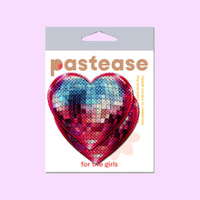 Load image into Gallery viewer,  Discoball Heart Breast Pasties Sparkling Blue &amp; Pink by Pastease® displayed in retail packaging. Glittery heart-shaped nipple covers designed for all breast shapes and sizes, perfect for festivals, nights out, or adding playful flair to your look. Manufactured in the USA by a family-operated business, these unique nipple covers are reusable, comfortable, and adhere securely.
