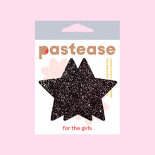 Load image into Gallery viewer, Pastease® Star Sparkle Black Star Nipple Pasties in original packaging. The packaging features a soft pink background with bold brown branding and the tagline &quot;for the girls.&quot;
