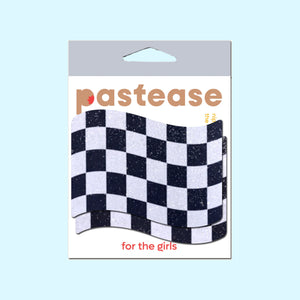 Pastease Checkered Flag Racing Breast Pasties in packaging, showing bold black and white chequered flag print with a glittery finish. Designed for all breast shapes and sizes, these fun and flirty nipple covers are made in the USA by a small family business and distributed worldwide.