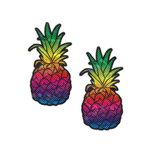 Load image into Gallery viewer, A pair of Rainbow Pineapple Sparkling Breast Pasties by Pastease®, featuring a multicoloured pineapple design with a glittering finish. Made for all breast shapes and sizes, these unique nipple covers are crafted in the USA and ideal for a playful, bold look.
