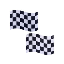 Load image into Gallery viewer, Close-up of Pastease Checkered Flag Racing Breast Pasties out of packaging, showcasing their glittery black and white chequered flag design. These USA-made nipple covers fit all shapes and sizes, offering playful, high-quality accessories for bold self-expression.
