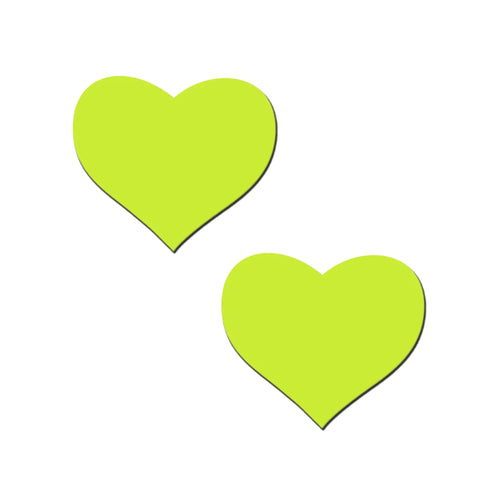 A pair of Pastease Glow in the Dark Neon Yellow Heart Nipple Covers. Bright and bold, these nipple pasties are perfect for festivals, rave nights, or intimate moments. Designed for all shapes and sizes, they’re proudly handmade in the USA by Pastease®.