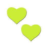 A pair of Pastease Glow in the Dark Neon Yellow Heart Nipple Covers. Bright and bold, these nipple pasties are perfect for festivals, rave nights, or intimate moments. Designed for all shapes and sizes, they’re proudly handmade in the USA by Pastease®.