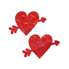 Load image into Gallery viewer, A pair of Cupid&#39;s Arrow Red Heart Breast Pasties by Pastease®. The sparkly red heart design with an arrow is bold and playful, offering a fun way to add flair to any outfit or intimate moment. Designed for comfort and style, these are handmade in the USA.
