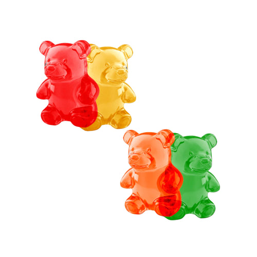 A close-up of the Pastease® Gummy Bear Breast Pasties showing the Red and Yellow set alongside the Orange and Green set. Unique and colourful, these pasties are made for fun, confidence, and comfort. Ideal for bold and playful fashion statements.