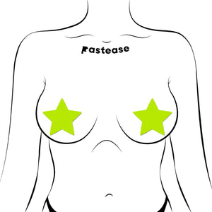 Illustration of Star Neon Yellow Pasties Glow in the Dark Star Nipple Covers by Pastease® worn on a model. The bright yellow star shapes contrast with the minimalist black and white outline, showcasing their universal fit for all breast shapes.