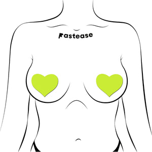 Pastease Love Glow in the Dark Neon Yellow Heart Pasties displayed on an illustrated model. These heart-shaped pasties are skin-safe, waterproof, and perfect for creating a fun and sultry look. Handmade by Pastease®, a family-run USA business.