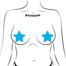 Load image into Gallery viewer, Illustrated application of Pastease® Star Neon Turquoise Nipple Covers. These glow-in-the-dark pasties are versatile, fun, and made to fit all breast sizes. Ideal for raves, parties, or special nights, crafted by a small USA-based family business.
