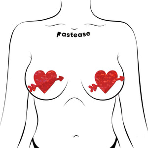 Illustration showcasing Pastease® Cupid's Arrow Red Heart Breast Pasties worn on the body. The sparkly red hearts with arrows are vibrant and festive, offering a confident and cheeky statement for Valentine’s Day or themed events. Handmade for all breast shapes and sizes.