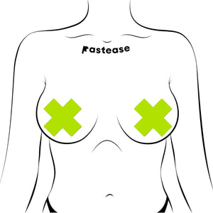 Illustrated model wearing Pastease® Plus X Glow-in-the-Dark Neon Yellow Cross Pasties. The luminous design enhances any daring look, celebrating all body types. Perfect for night-time events or festival wear.