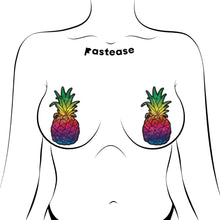 Load image into Gallery viewer, Rainbow Pineapple Sparkling Breast Pasties by Pastease®, modelled with a cheeky and vibrant pineapple design that sparkles in rainbow hues. These nipple covers fit comfortably, are waterproof, and add flair to festivals, parties, or private celebrations.
