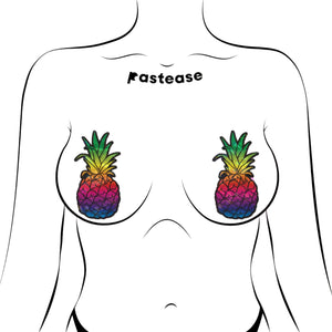 Rainbow Pineapple Sparkling Breast Pasties by Pastease®, modelled with a cheeky and vibrant pineapple design that sparkles in rainbow hues. These nipple covers fit comfortably, are waterproof, and add flair to festivals, parties, or private celebrations.