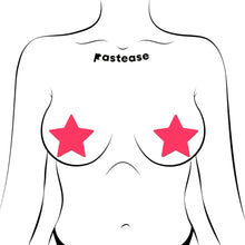 Load image into Gallery viewer, Illustration of Pastease® Neon Pink Glow in the Dark Star Nipple Covers on a minimalist female silhouette. These bold, glowing pasties are perfect for fun, flirty styling, handcrafted by a family-operated brand in the USA for worldwide customers.
