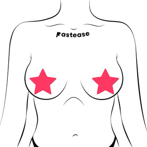 Illustration of Pastease® Neon Pink Glow in the Dark Star Nipple Covers on a minimalist female silhouette. These bold, glowing pasties are perfect for fun, flirty styling, handcrafted by a family-operated brand in the USA for worldwide customers.