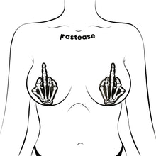 Load image into Gallery viewer,  Illustration of Pastease Skeleton Middle Finger Hand Pasties on a figure, showcasing a bold glow-in-the-dark design. Flirty, unique, and perfect for any breast shape, these nipple covers are crafted in the USA by a family-run business.
