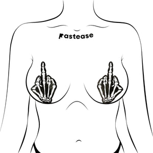  Illustration of Pastease Skeleton Middle Finger Hand Pasties on a figure, showcasing a bold glow-in-the-dark design. Flirty, unique, and perfect for any breast shape, these nipple covers are crafted in the USA by a family-run business.