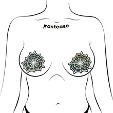 Load image into Gallery viewer, Web: Glitter Black Glow in the Dark Spooky Spider Web Nipple Covers by Pastease®, styled on a minimalist illustration of a female form. Glittery black and white spiderweb design. Made in the USA, these covers are flirty, bold, and perfect for all occasions.
