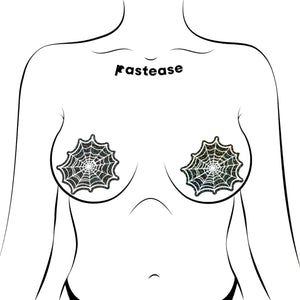 Web: Glitter Black Glow in the Dark Spooky Spider Web Nipple Covers by Pastease®, styled on a minimalist illustration of a female form. Glittery black and white spiderweb design. Made in the USA, these covers are flirty, bold, and perfect for all occasions.