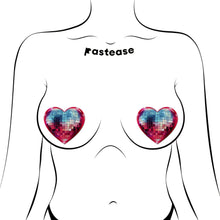 Load image into Gallery viewer, Discoball Heart Breast Pasties Sparkling Blue &amp; Pink by Pastease® modelled on a minimalist illustrated figure. Glittery, heart-shaped covers bring shimmering style and a flirty vibe to any outfit or occasion. Crafted with care for all breast shapes and sizes, they’re bold and reusable.
