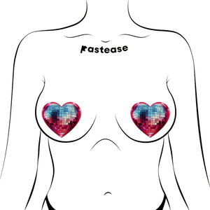 Discoball Heart Breast Pasties Sparkling Blue & Pink by Pastease® modelled on a minimalist illustrated figure. Glittery, heart-shaped covers bring shimmering style and a flirty vibe to any outfit or occasion. Crafted with care for all breast shapes and sizes, they’re bold and reusable.