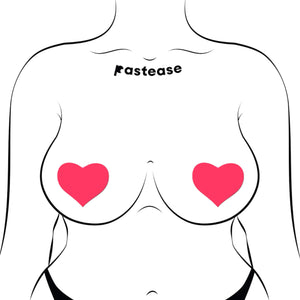 Illustration of a woman's upper body wearing heart-shaped neon pink Pastease nipple covers. Designed for all breast shapes and sizes, these reusable, waterproof covers offer a smooth fit. Handcrafted in the USA by Pastease, a family-run brand known for playful and flirty nipple covers.