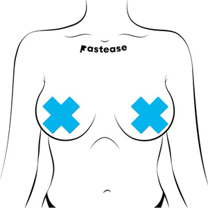 Illustration of a model wearing Pastease Plus X Neon Turquoise Cross Pasties. The vibrant glow-in-the-dark design showcases versatility and fun, crafted for all breast sizes, offering a perfect blend of flirty and functional.